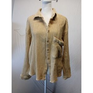 Free People Waffle Textured Button-Up Shirt with Chest Pocket Size Large Yellow